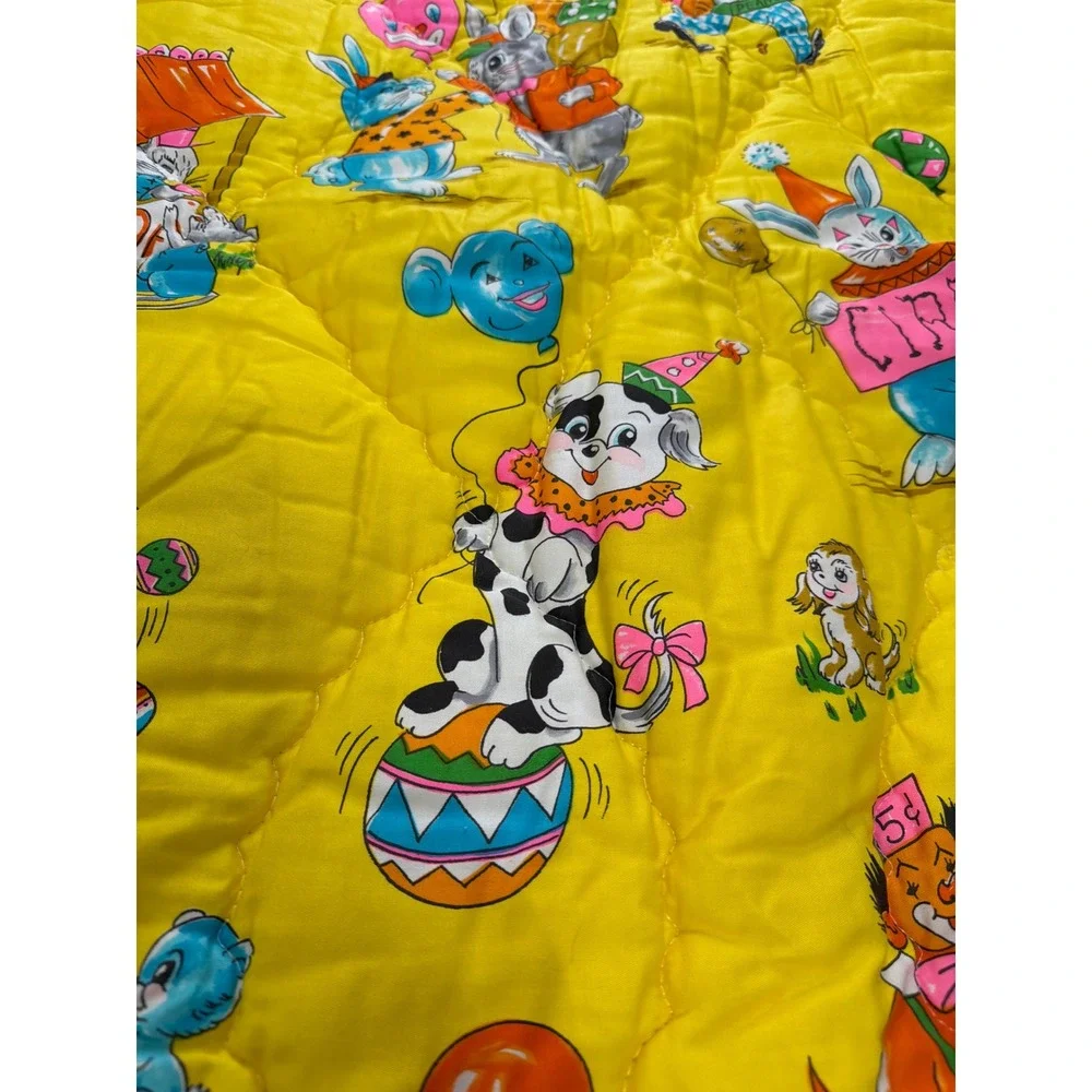 Vintage 70s Circus Quilt CribYellow Retro Carnival Animal Print 41x55 Kitsch